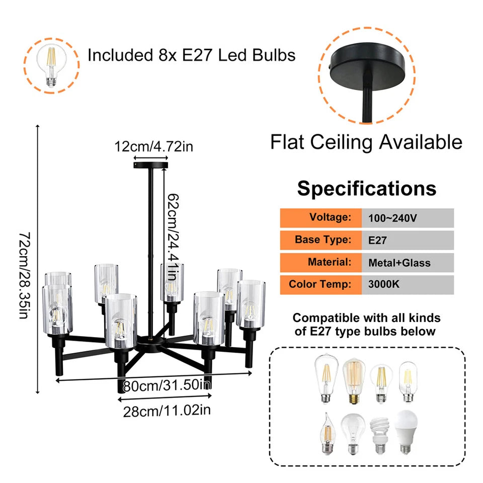 8-Light Industrial Black Chandelier with Glass Shades