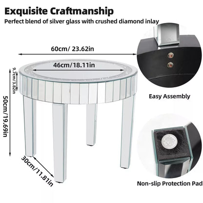 Silver Mirrored Round Coffee Table with Sparkling Crushed Diamond Detail
