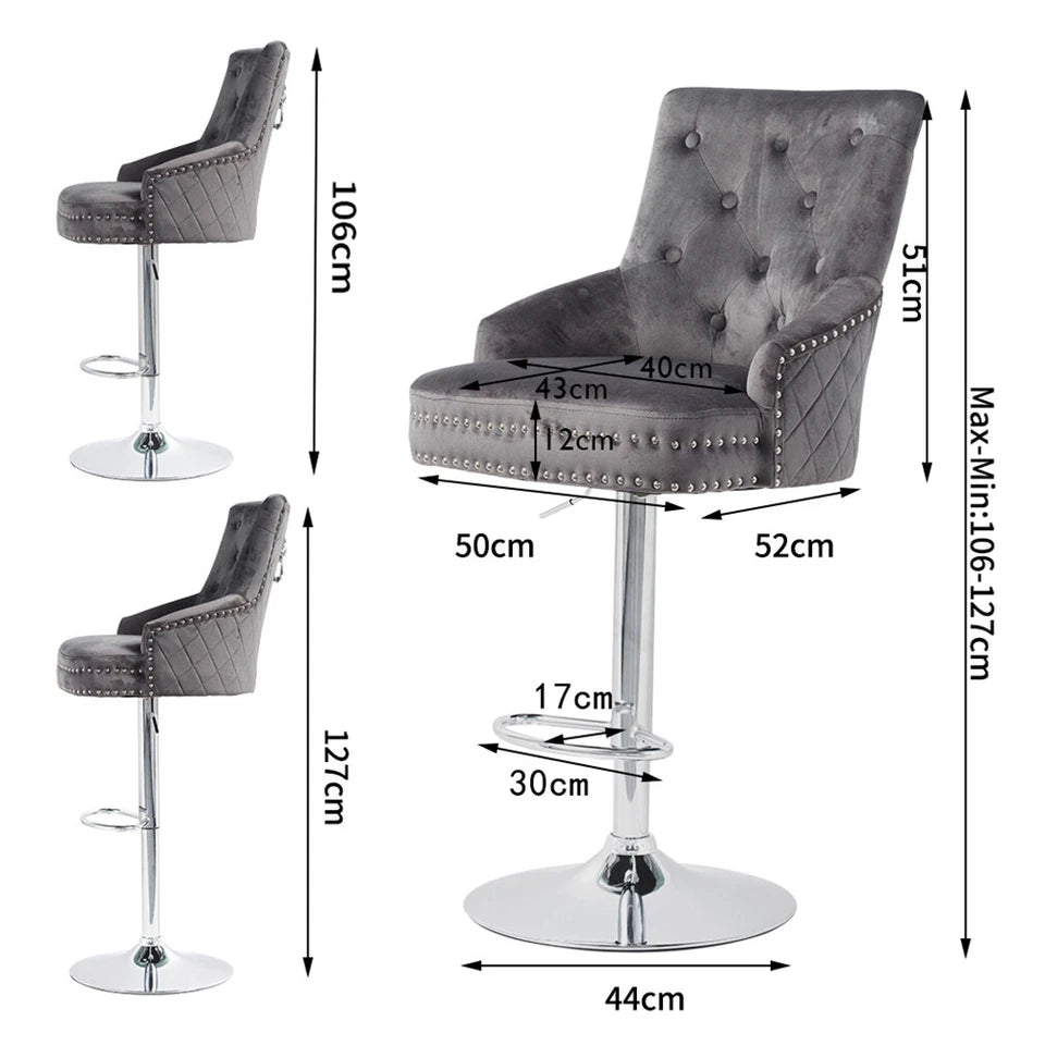 Gray Velvet Swivel Bar Stool With Lion Head Accent And Adjustable Chrome Base