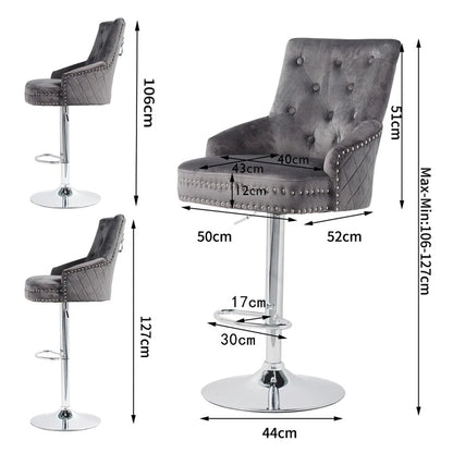 Gray Velvet Swivel Bar Stool With Lion Head Accent And Adjustable Chrome Base