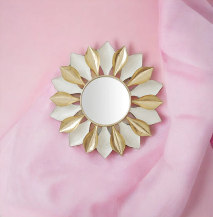 Gold Round Metal and Glass Wall Mirror with Elegant Pattern for Home Decor