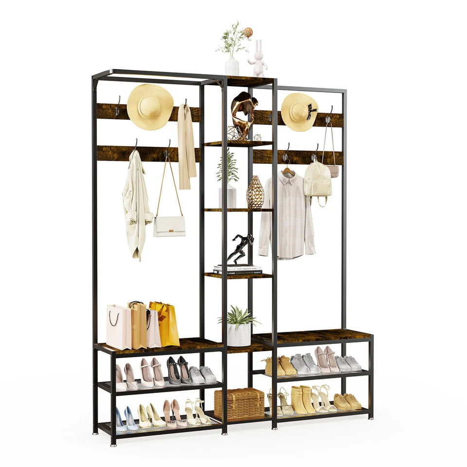 Industrial Entryway Hall Tree with Shoe and Coat Storage Rack