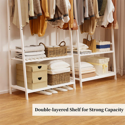 P&P White Bamboo Clothes Rack with 3 Shelves and 10 Hooks