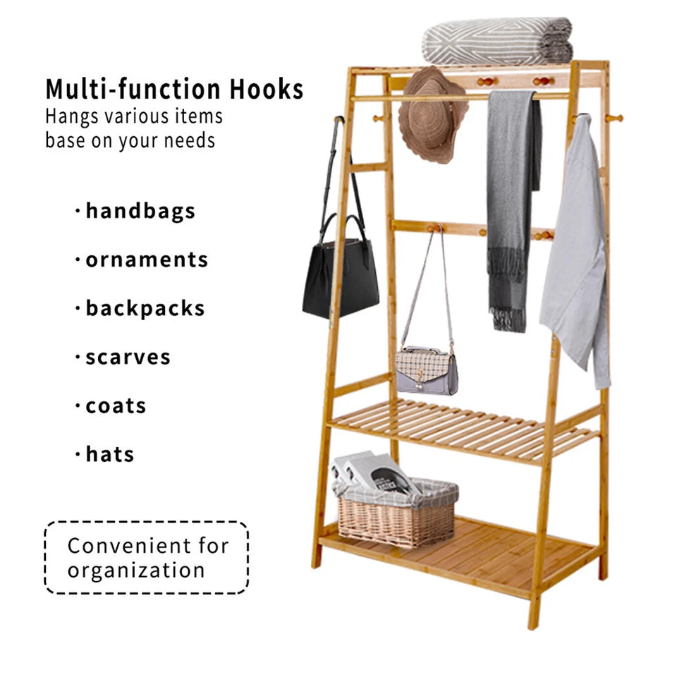 Rail Bamboo Clothes Rack Garment Hanging Stand 3 Tier Storage Shelves Closet