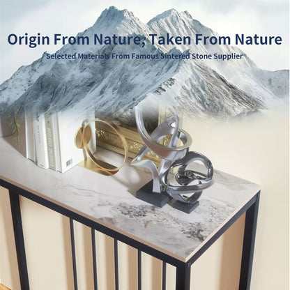 White Emerald Sintered Stone Console Table With Minimalist Metal Frame