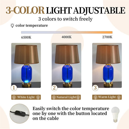 Blue Glass Table Lamp with Gold & Brown Shade