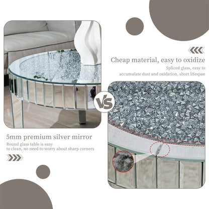 Silver Round Mirrored Coffee Table with Crushed Diamond Inlay Design