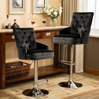 Black Velvet 360° Swivel Bar Stool With Lion Head Detail And Adjustable Height