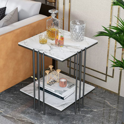 Black Frame 2-Tier Side Table With White Sintered Stone Square Top