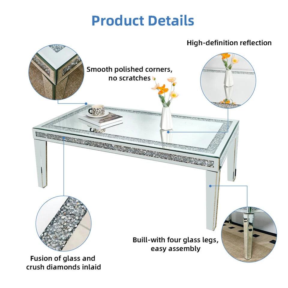 Silver Mirrored Coffee Table with Crushed Diamond Border