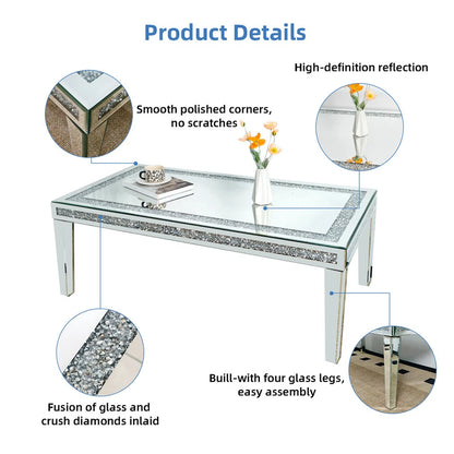 Silver Mirrored Coffee Table with Crushed Diamond Border