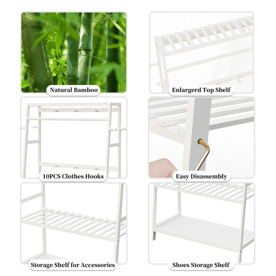 P&P White Bamboo Clothes Rack with 3 Shelves and 10 Hooks