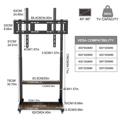 Adjustable Rolling TV Stand for 40 to 86 Inch Screens with Shelves