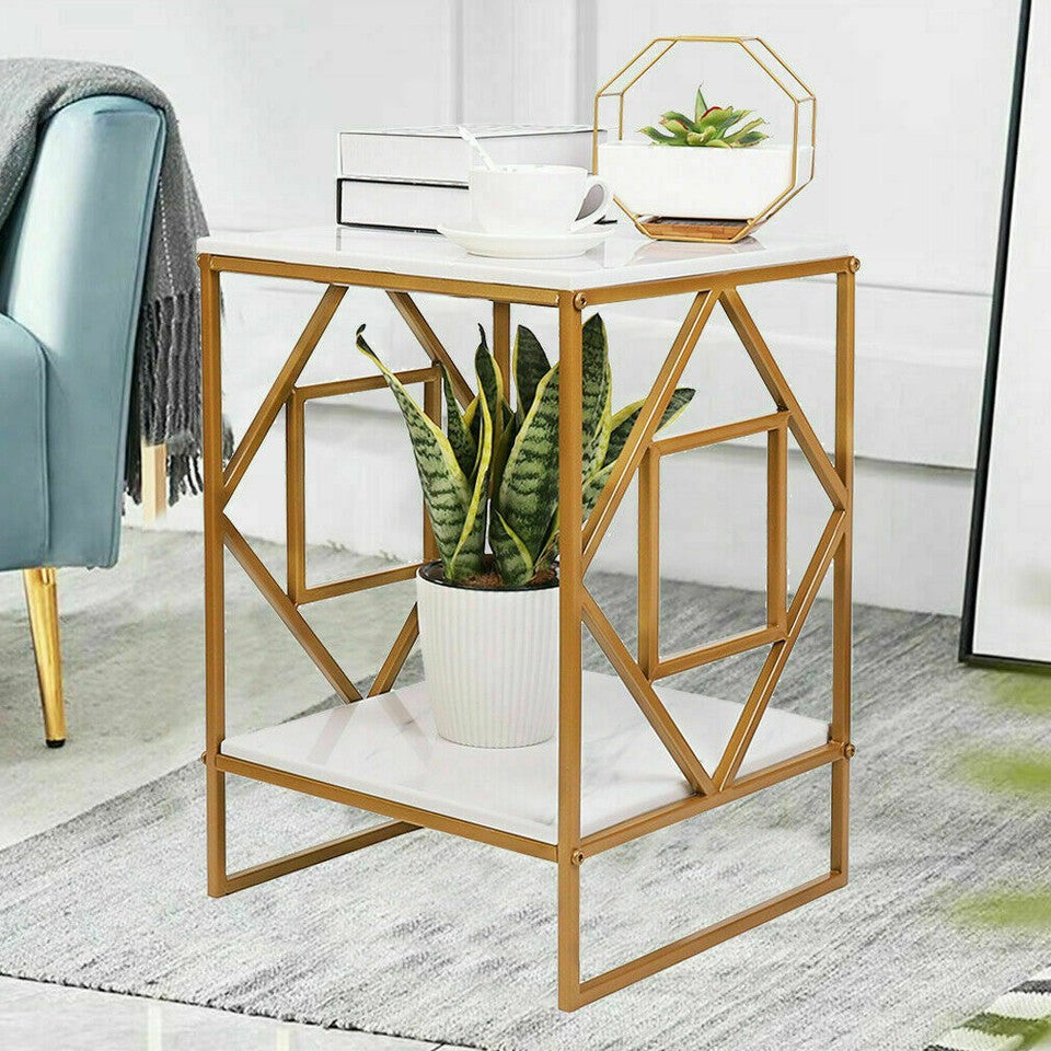 Gold Metal Frame Side / End Table Marble Accent Coffee Table