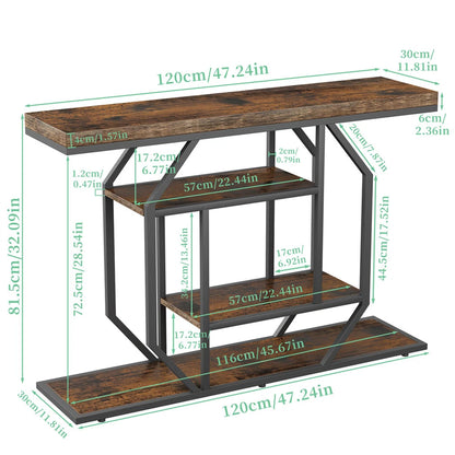 Black And Brown Entry Table With Industrial Design And Rustic Charm
