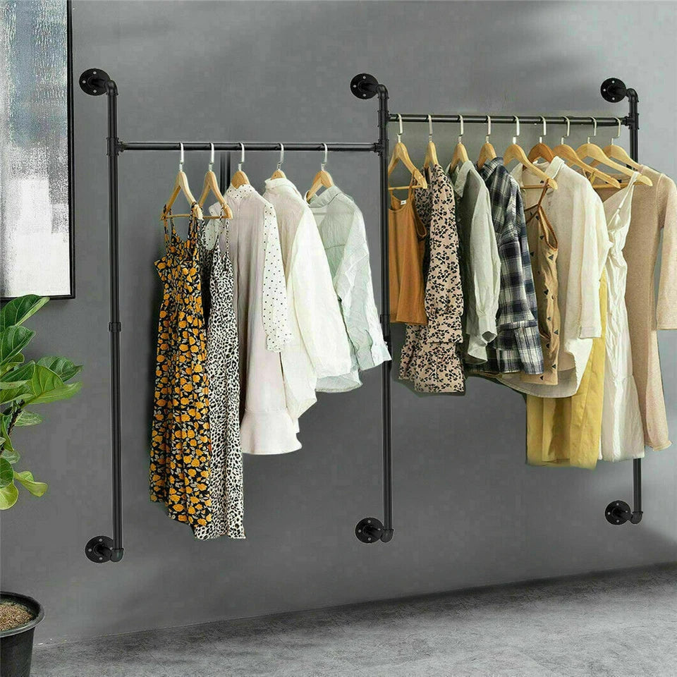 P&P Black Heavy-Duty Wall-Mounted Industrial Garment Rack with Dual Hanging