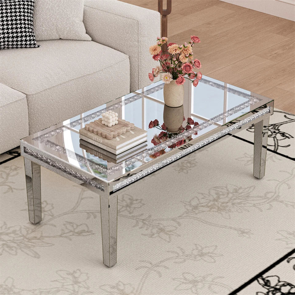Silver Mirrored Coffee Table with Crushed Diamond Border