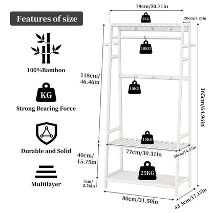 P&P White Bamboo Clothes Rack with 3 Shelves and 10 Hooks