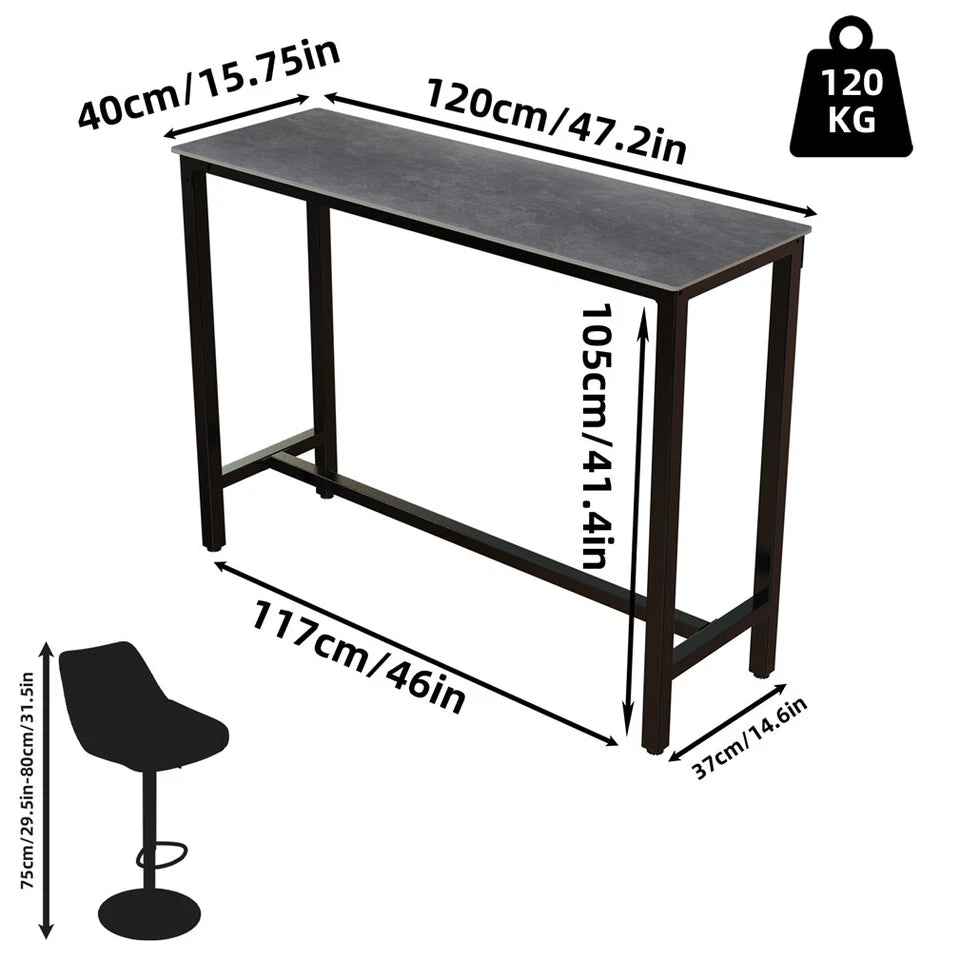 Matte Black Rectangular Bar Table With Sleek H-Frame Base And Comfort Footrests