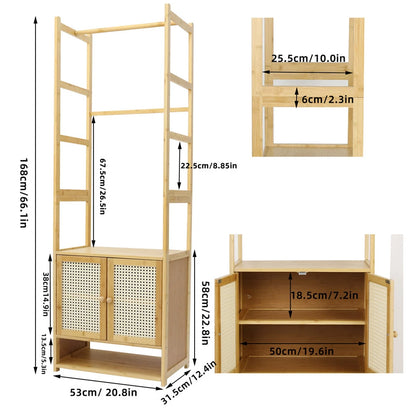 Natural Wood Modern Bamboo Clothes Rack with Storage Cabinet & Hooks