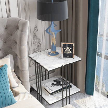 Black Frame 2-Tier Side Table With White Sintered Stone Square Top
