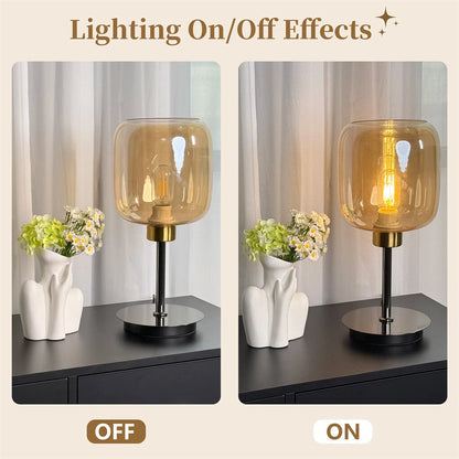 Industrial Bedside Table Lamp with Amber Glass