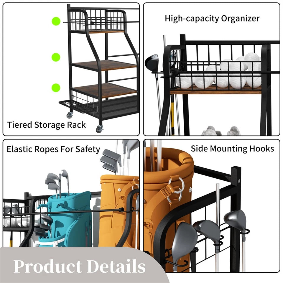 Golf Equipment Organizer with Wheels for Garage or Clubhouse