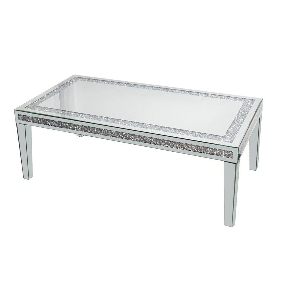 Silver Mirrored Coffee Table with Crushed Diamond Border