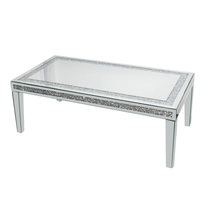 Silver Mirrored Coffee Table with Crushed Diamond Border