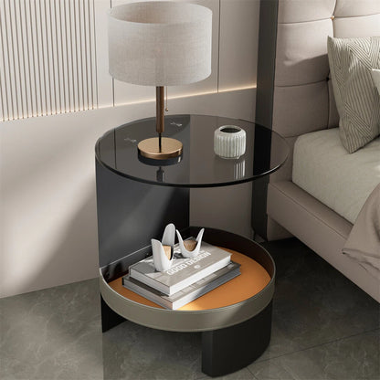 2-Tier Leather Side Table with Glass Top