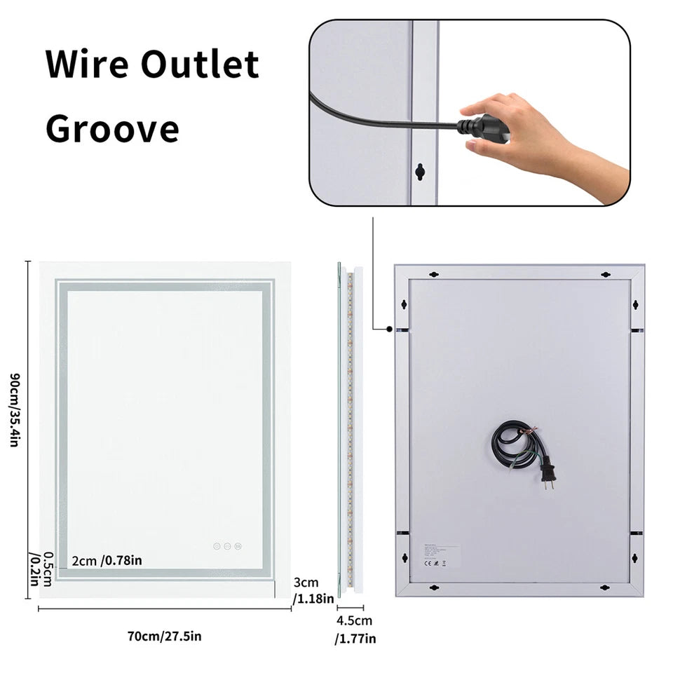 900-700mm Dimmable LED Bathroom Mirror Anti Fog Wall Mounted Vanity Makeup Mirror