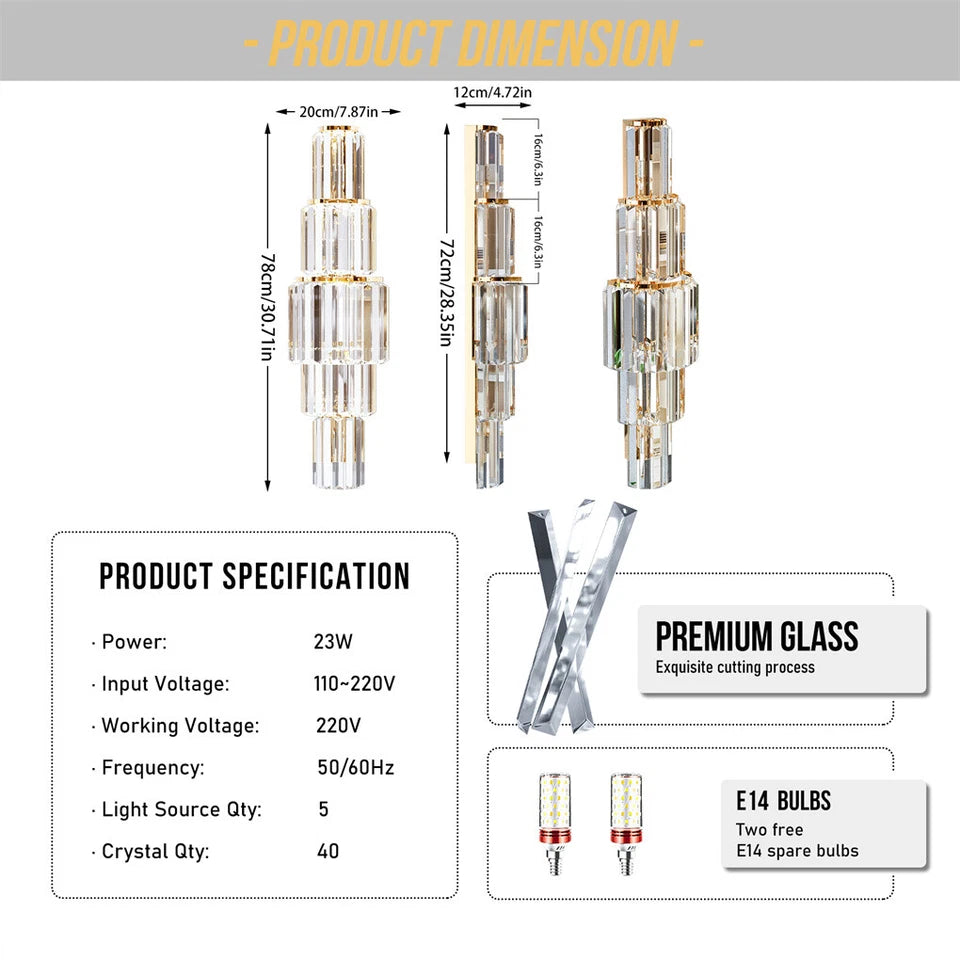 Gold 5-Tier Crystal Wall Sconce with LED Lights