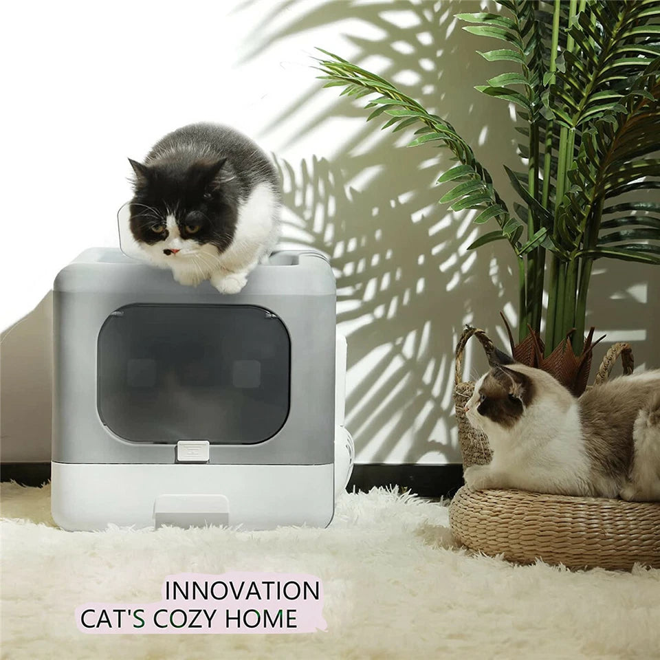Foldable Fully Enclosed Hooded Cat Litter Box Self-Cleaning Kitty Toilet with Tray