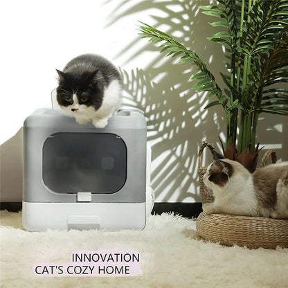 Foldable Fully Enclosed Hooded Cat Litter Box Self-Cleaning Kitty Toilet with Tray