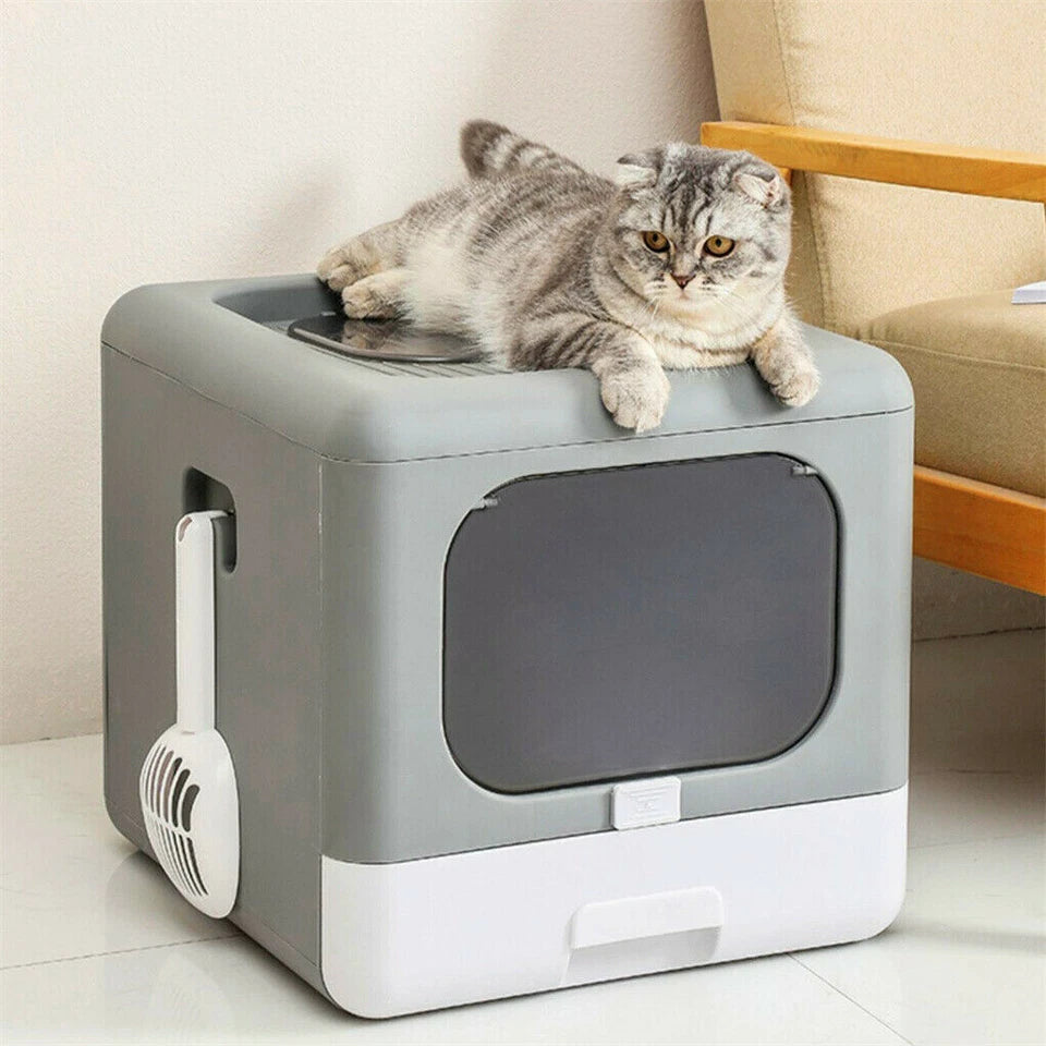 Foldable Fully Enclosed Hooded Cat Litter Box Self-Cleaning Kitty Toilet with Tray