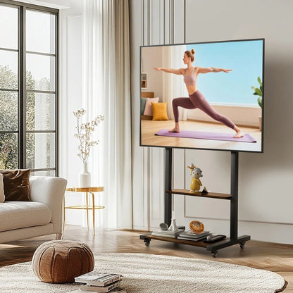 Black Industrial Heavy Duty TV Floor Stand with 2 Tier Shelves & Wheels for TVs Up to 100"