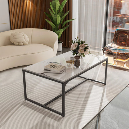 White & Black Rectangular Sintered Stone Coffee Table with Sleek Frame