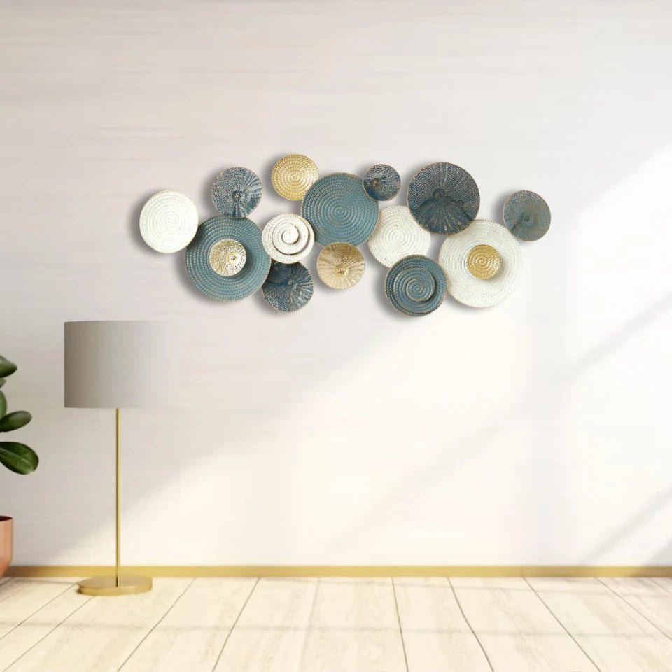Blue, White and Gold Textured Circular Metal Wall Art for Elegant Home Styling
