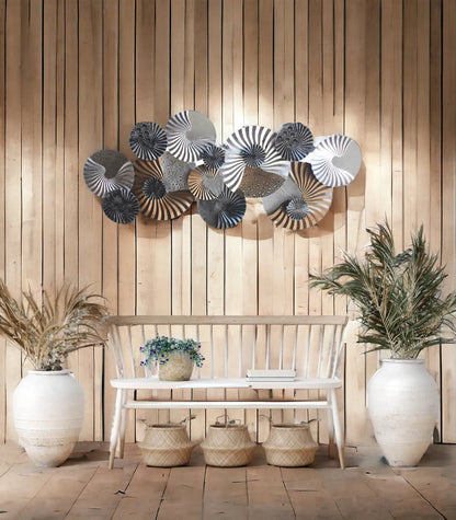 Black, White and Gold Spiral Textured Circular Metal Wall Art Sculpture