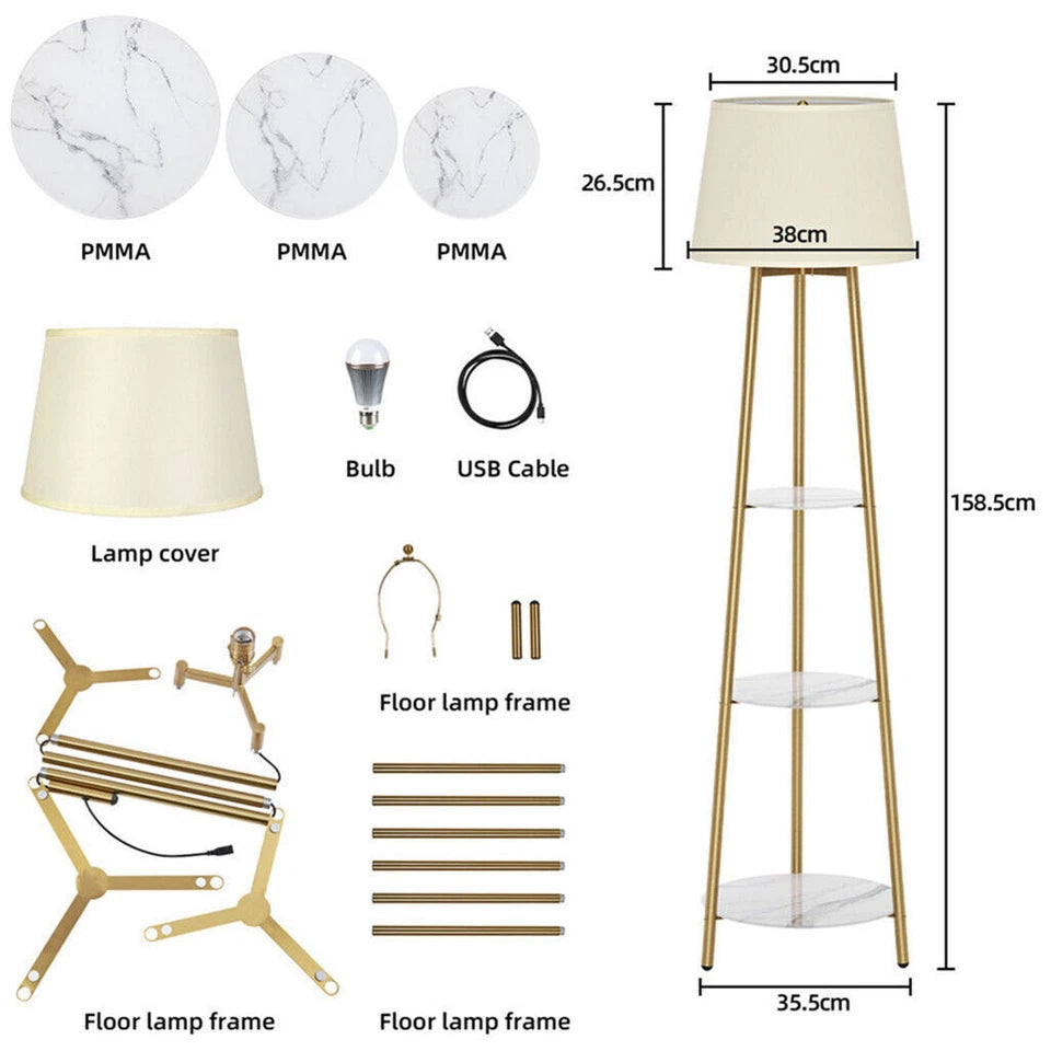 160cm Tall LED Floor Lamp Marble Shelves Corner Free Standing Lamp Reading Light