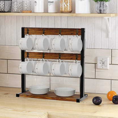 Heavy Duty Wall Mount Coffee Teacup Mug Rack Wood 12 Hook Holder Display Storage