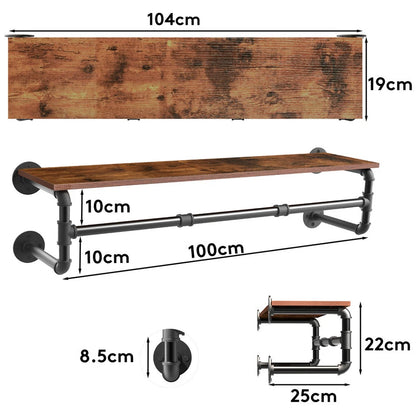 104cm Pipe Clothes Rail Wall Mounted Garment Hanging Rack Wardrobe With Shelf