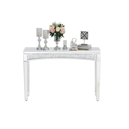 Silver Crushed Diamond Console Table With Mirror Finish And Glass Legs
