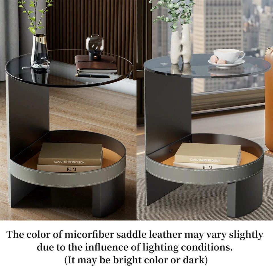 2-Tier Leather Side Table with Glass Top