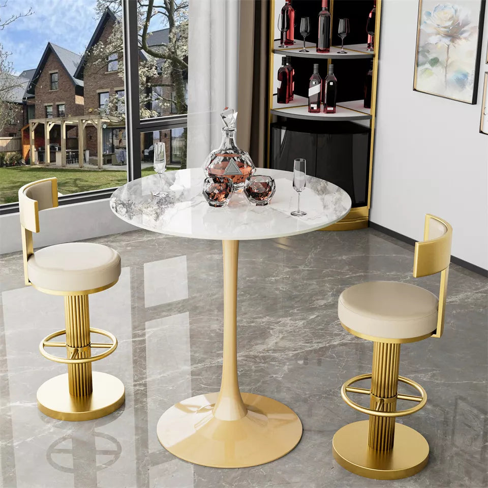 Glossy Jade Round Sintered Stone Bar Table With Gold Base For Elegant Interiors