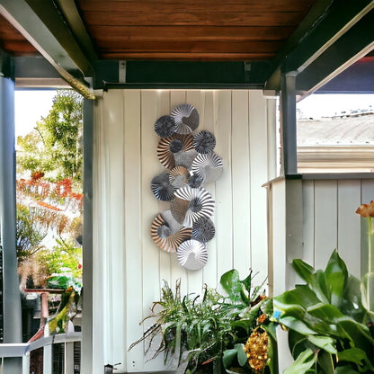 Black, White and Gold Spiral Textured Circular Metal Wall Art Sculpture