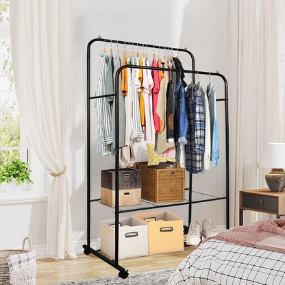 Black Heavy Duty Garment Display Rack with Hanging Rail and Shoe Shelf