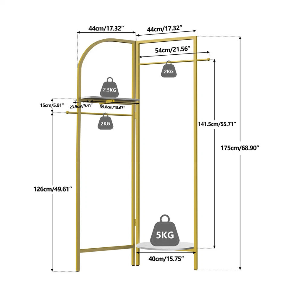 P&P Gold Freestanding Metal Corner Clothing Rack with Adjustable Folding Design