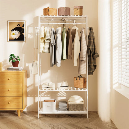 P&P White Bamboo Clothes Rack with 3 Shelves and 10 Hooks