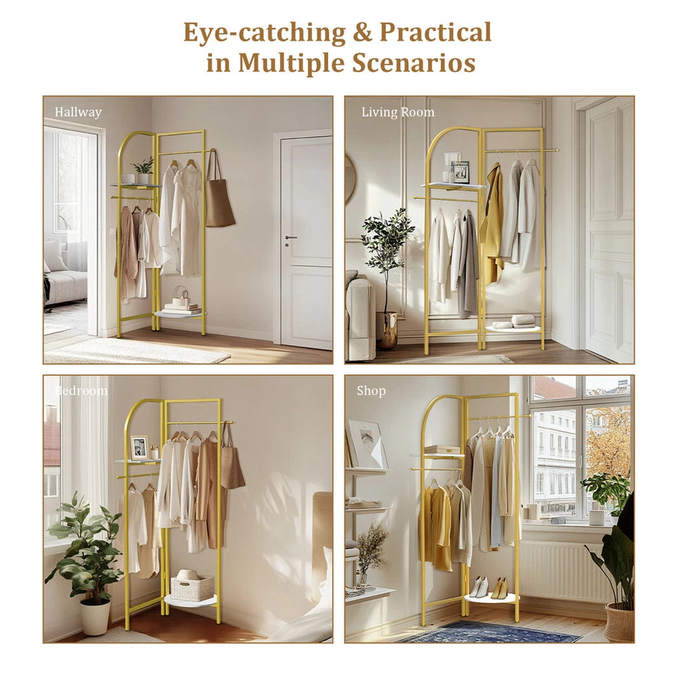 P&P Gold Freestanding Metal Corner Clothing Rack with Adjustable Folding Design